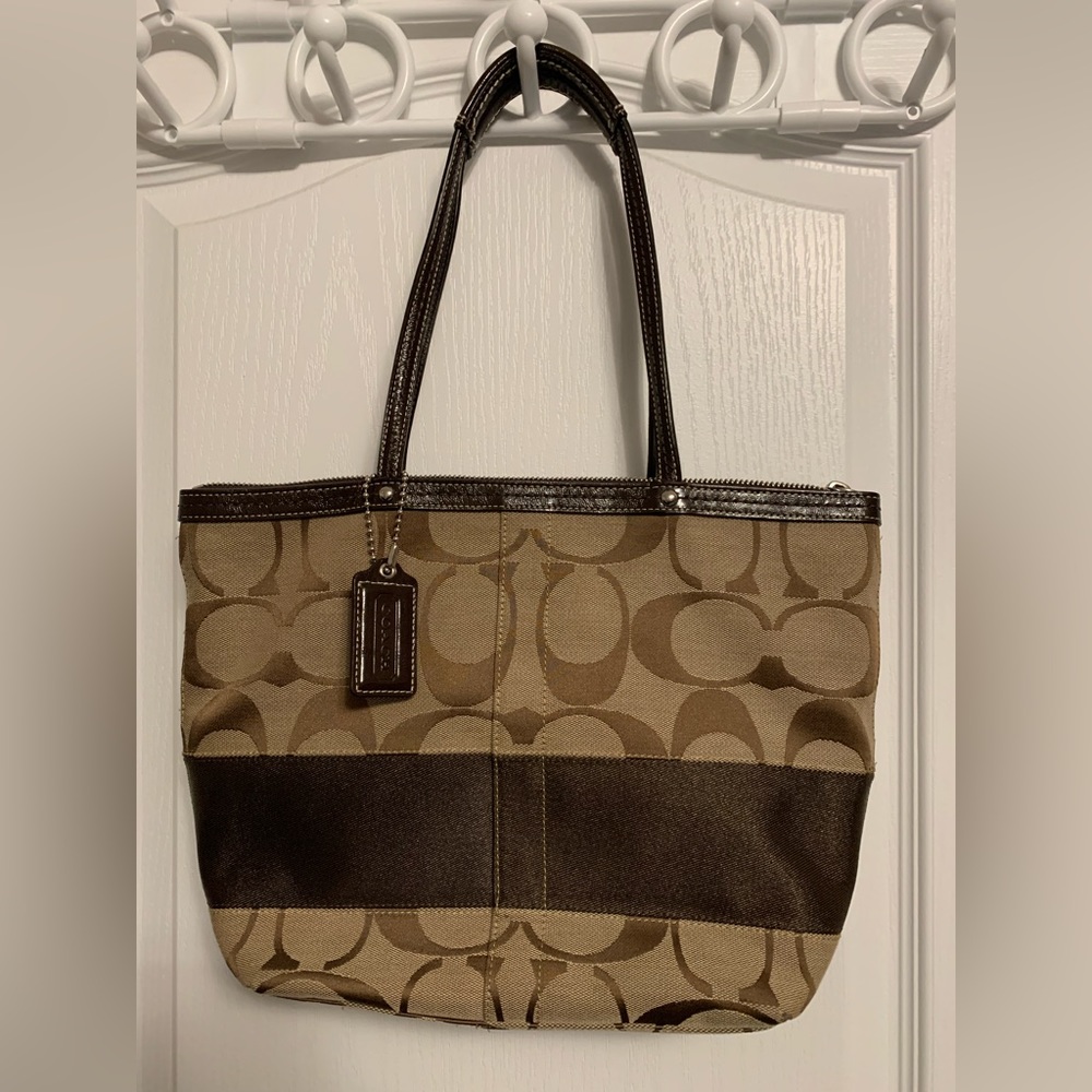 Coach Signature Stripe Tote Mahogany - F13548